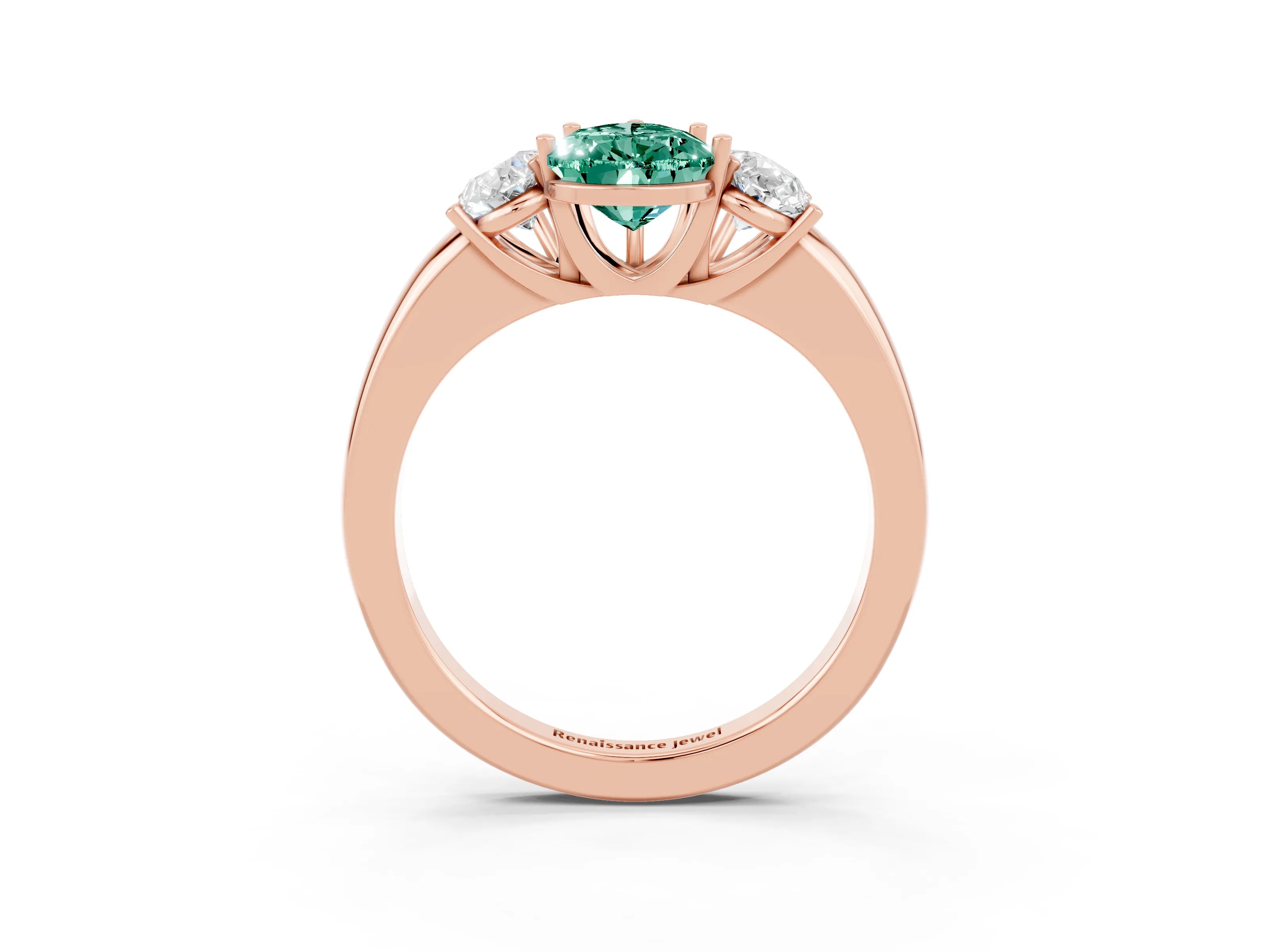 Rose gold Pear Cut Green Sapphire Three-Stone Ring with Four-Prong Setting and Classic Band_3