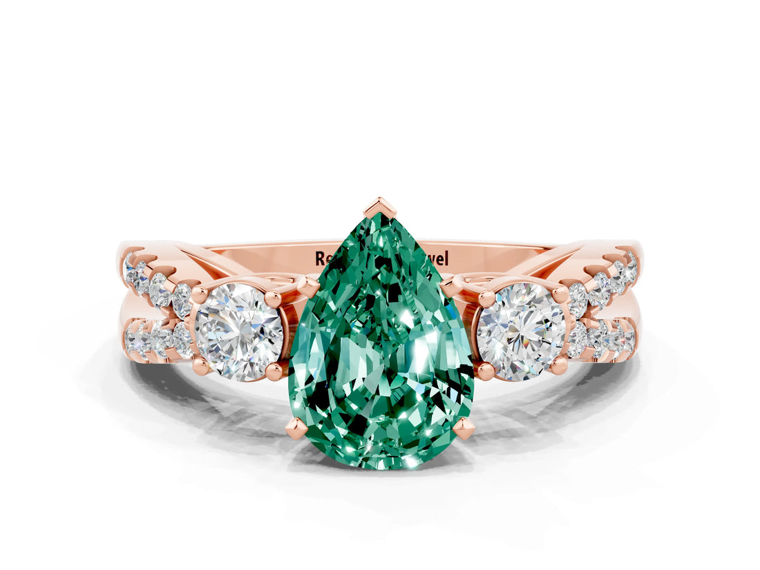Rose gold Pear Cut Green Sapphire Three-Stone Ring with Pavé Split Shank and Four-Prong Setting_12