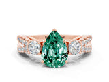 Rose gold Pear Cut Green Sapphire Three-Stone Ring with Pavé Split Shank and Four-Prong Setting_12