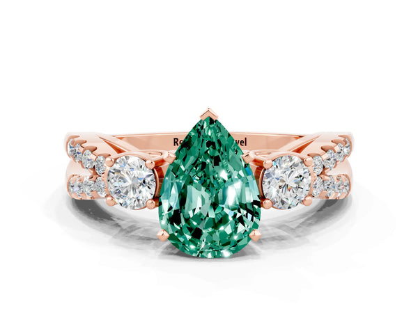 Rose gold Pear Cut Green Sapphire Three-Stone Ring with Pavé Split Shank and Four-Prong Setting