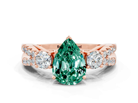 Rose gold Pear Cut Green Sapphire Three-Stone Ring with Pavé Split Shank and Four-Prong Setting_12