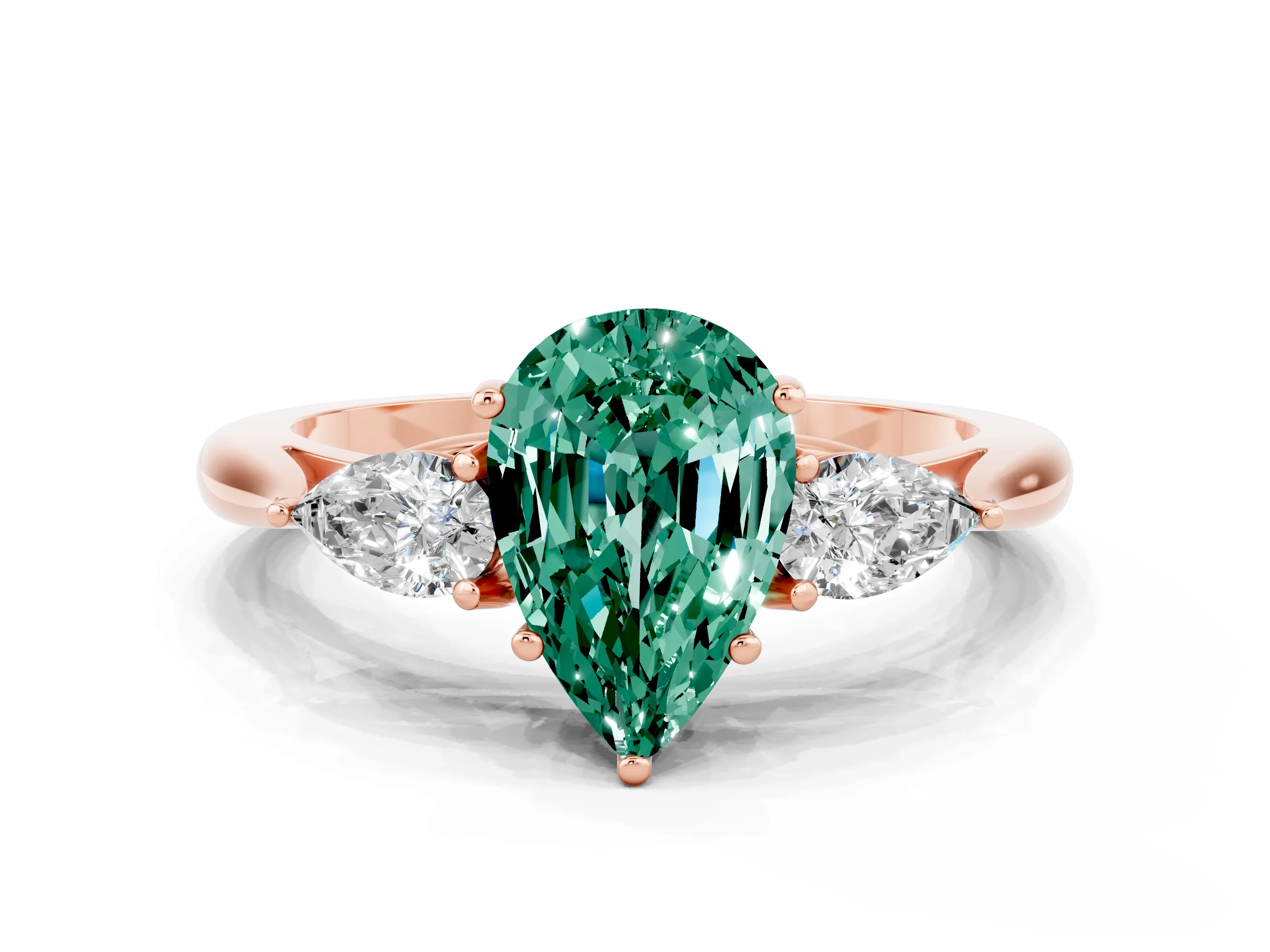 Rose gold Pear Cut Green Sapphire Three-Stone Ring with Pear Side Stones and Four-Prong Setting_12