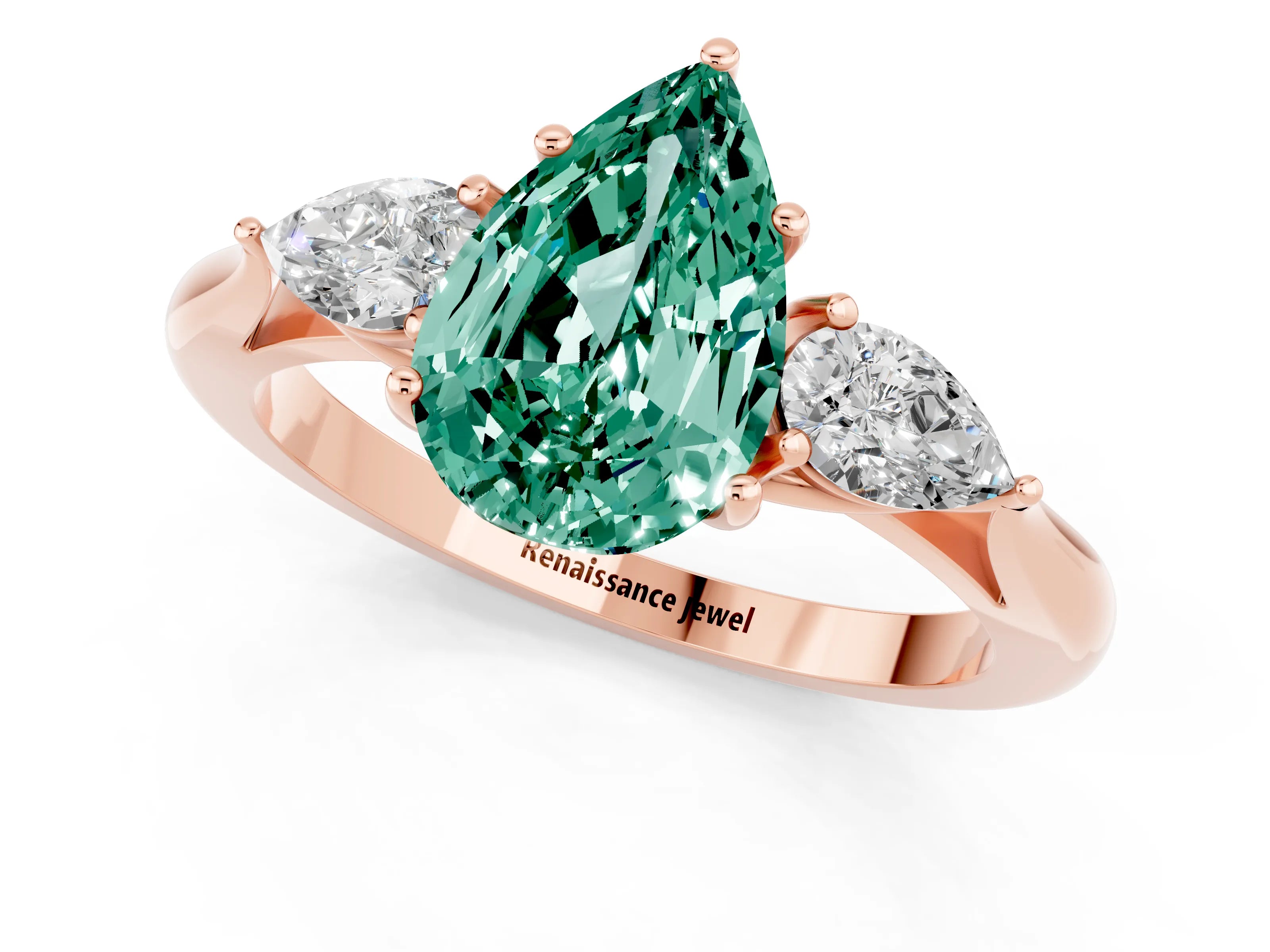 Rose gold Pear Cut Green Sapphire Three-Stone Ring with Pear Side Stones and Four-Prong Setting_13