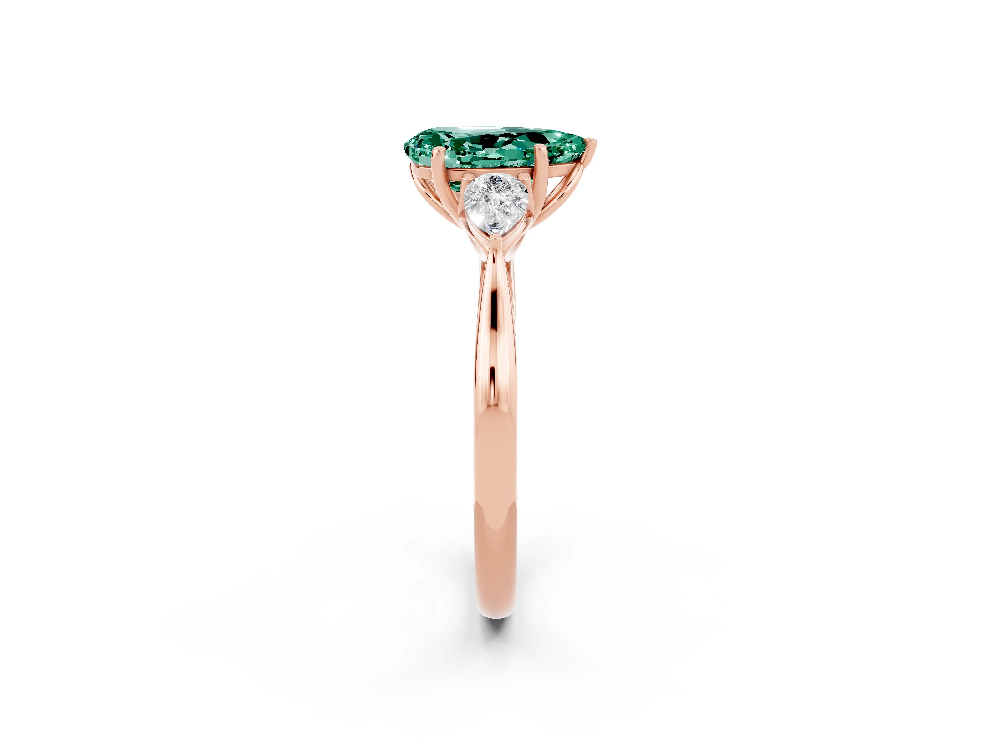 Rose gold Pear Cut Green Sapphire Three-Stone Ring with Pear Side Stones and Four-Prong Setting_14