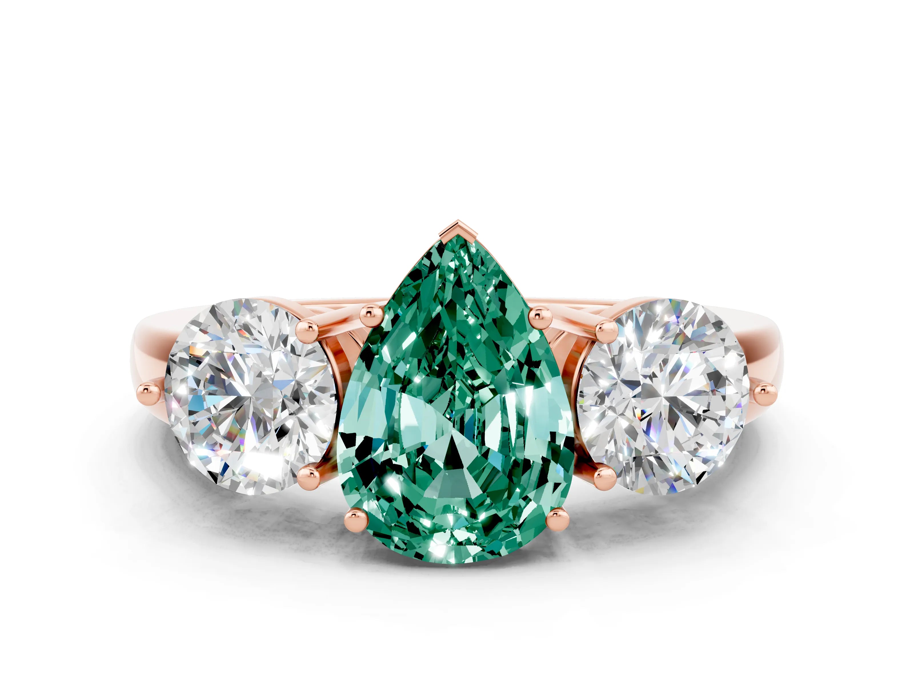 Rose gold Pear Cut Green Sapphire Three-Stone Ring with Prong Setting and Classic Band