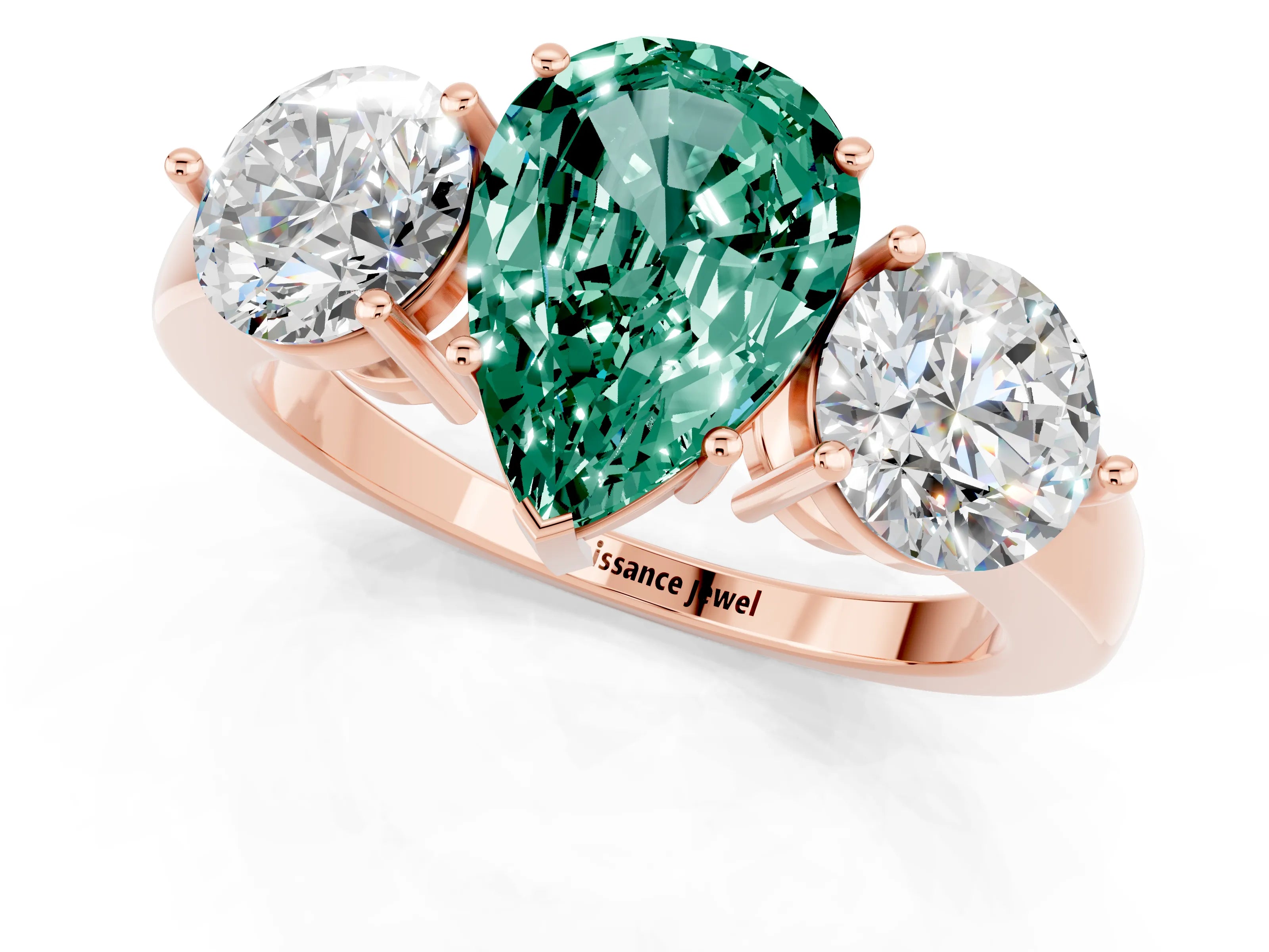 Rose gold Pear Cut Green Sapphire Three-Stone Ring with Prong Setting and Classic Band_1