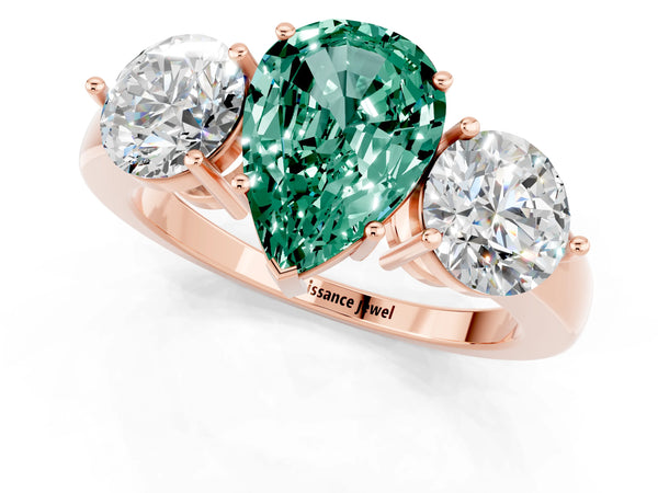 Rose gold Pear Cut Green Sapphire Three-Stone Ring with Prong Setting and Classic Band