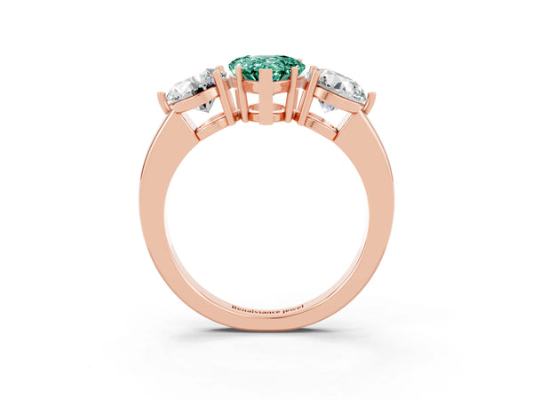 Rose gold Pear Cut Green Sapphire Three-Stone Ring with Prong Setting and Classic Band