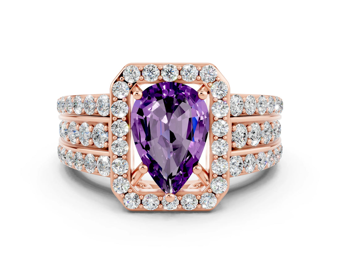 Rose gold Pear Cut Halo Amethyst Ring with Split Shank and Four-Prong Setting