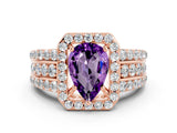 Rose gold Pear Cut Halo Amethyst Ring with Split Shank and Four-Prong Setting