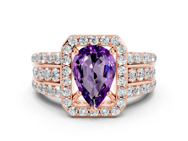 Rose gold Pear Cut Halo Amethyst Ring with Round  Split Shank and Prong Setting