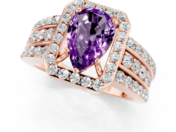 Rose gold Pear Cut Halo Amethyst Ring with Round  Split Shank and Prong Setting