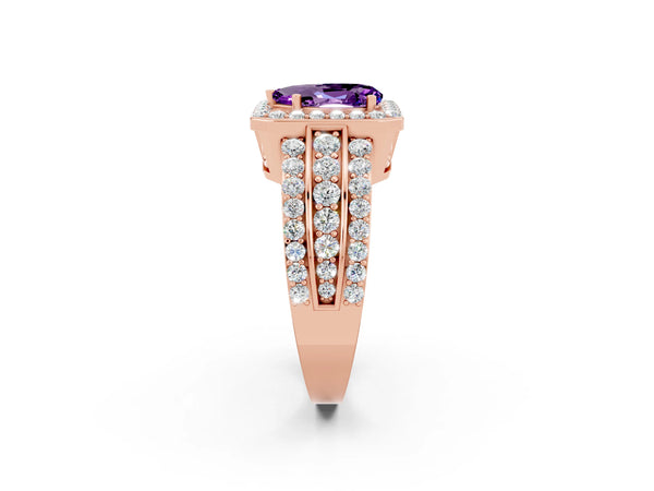 Rose gold Pear Cut Halo Amethyst Ring with Round  Split Shank and Prong Setting