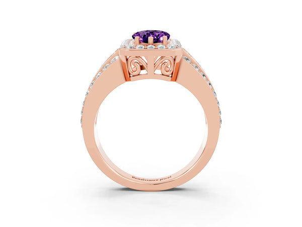 Rose gold Pear Cut Halo Amethyst Ring with Round  Split Shank and Prong Setting