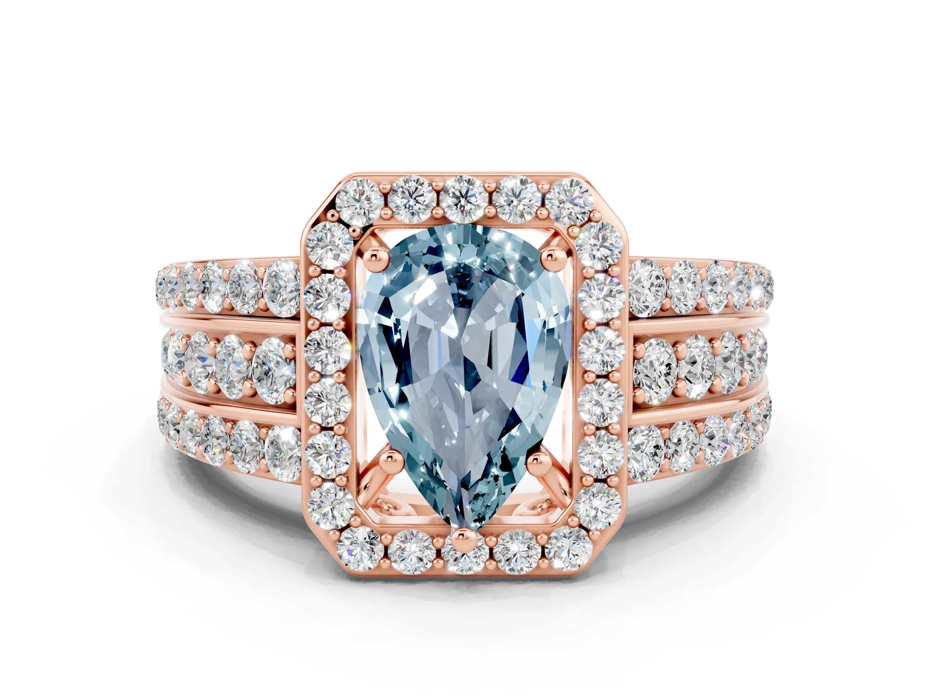 Rose gold Pear Cut Halo Aquamarine Ring with Split Shank and Four-Prong Setting