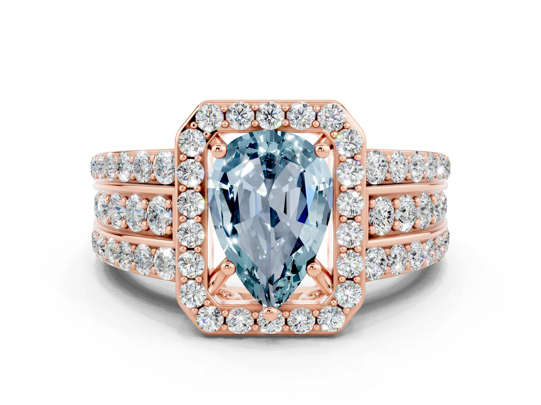 Rose gold Pear Cut Halo Aquamarine Ring with Split Shank and Four-Prong Setting