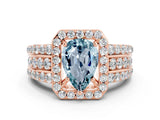 Rose gold Pear Cut Halo Aquamarine Ring with Split Shank and Four-Prong Setting