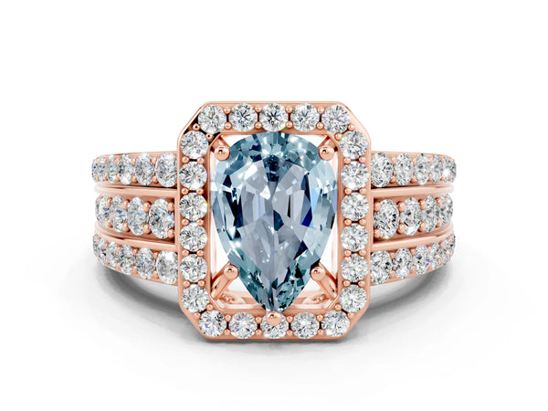 Rose gold Pear Cut Halo Aquamarine Ring with Round  Split Shank and Prong Setting