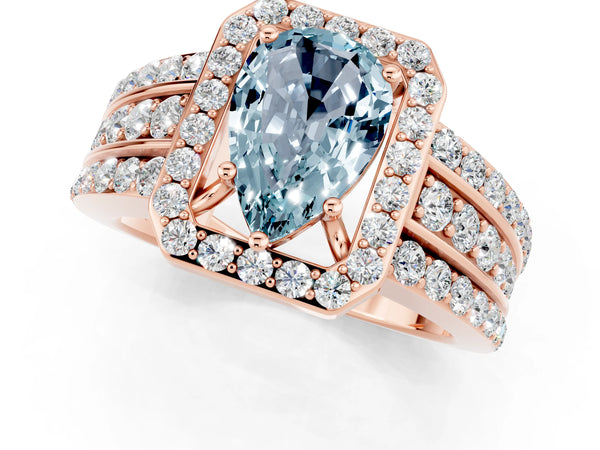 Rose gold Pear Cut Halo Aquamarine Ring with Round  Split Shank and Prong Setting