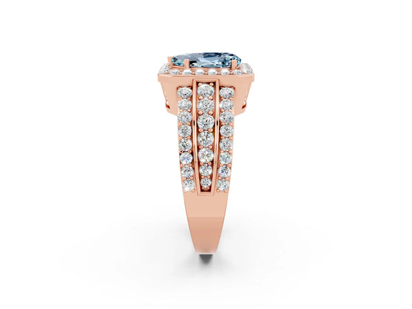 Rose gold Pear Cut Halo Aquamarine Ring with Round  Split Shank and Prong Setting