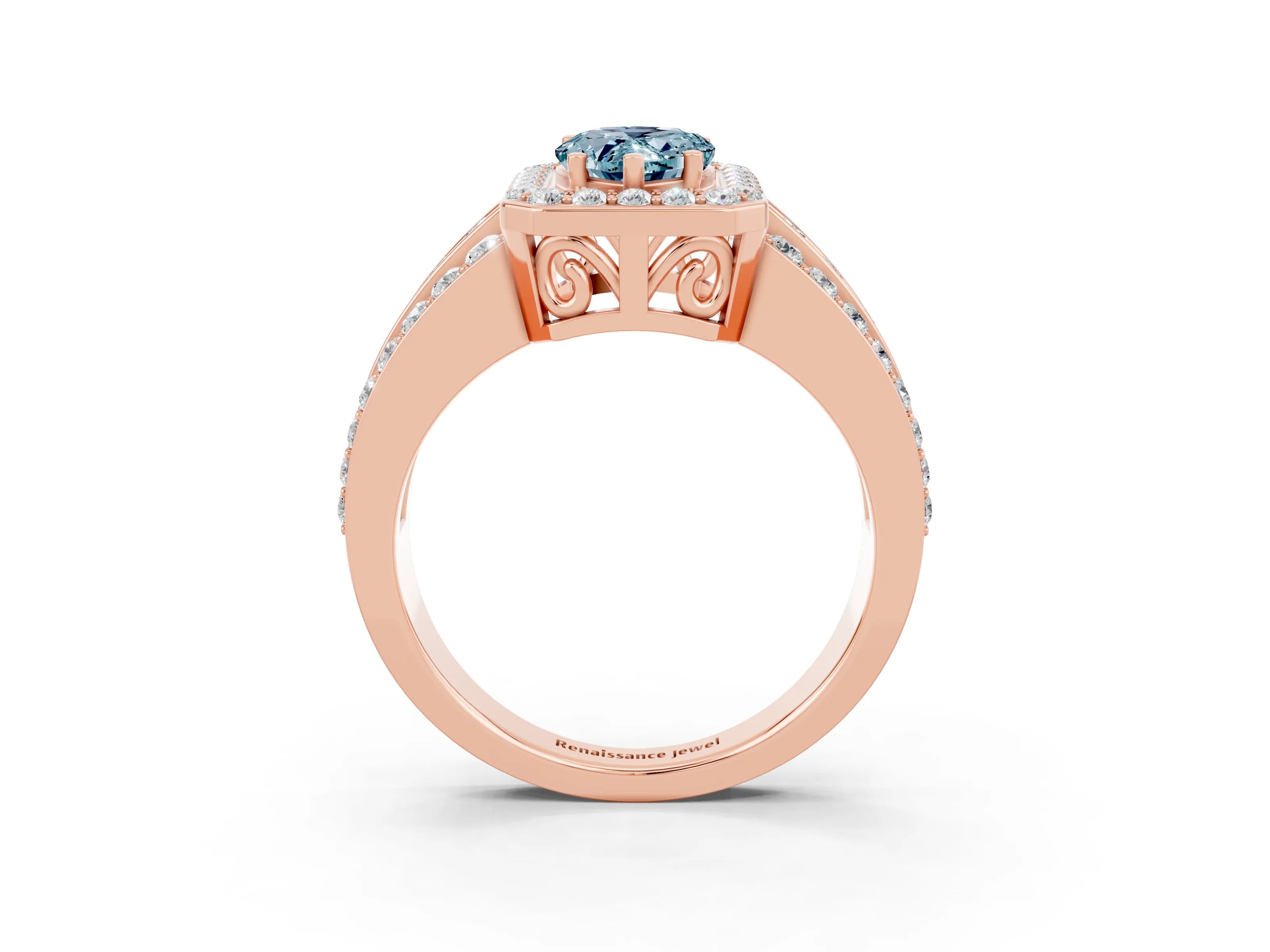 Rose gold Pear Cut Halo Aquamarine Ring with Split Shank and Four-Prong Setting_3