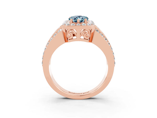 Rose gold Pear Cut Halo Aquamarine Ring with Round  Split Shank and Prong Setting