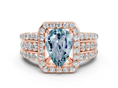 Rose gold Pear Cut Halo Aquamarine Ring with Split Shank and Four-Prong Setting