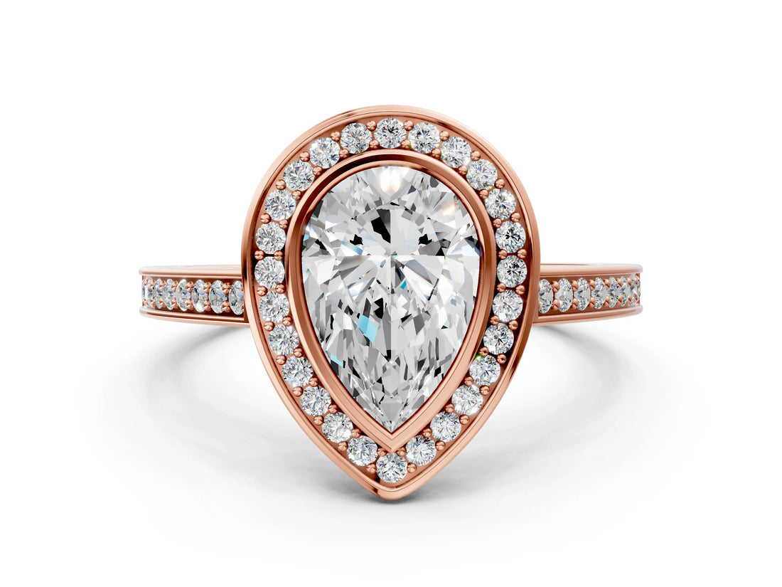 Rose gold Pear Cut Halo Bezel Diamond Pave Band Ring_39