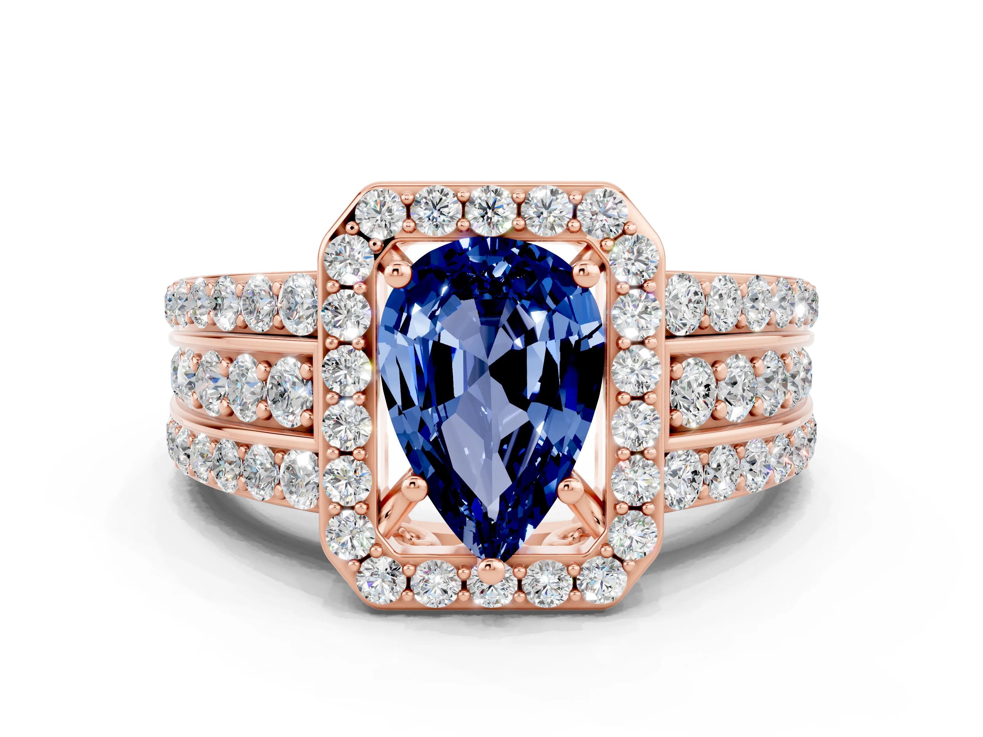 Rose gold Pear Cut Halo Blue Sapphire Ring with Split Shank and Four-Prong Setting