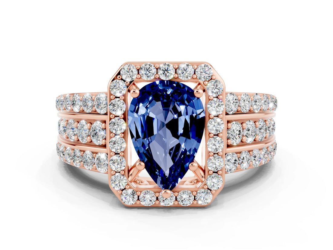 Rose gold Pear Cut Halo Blue Sapphire Ring with Split Shank and Four-Prong Setting