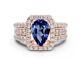 Rose gold Pear Cut Halo Blue Sapphire Ring with Split Shank and Four-Prong Setting