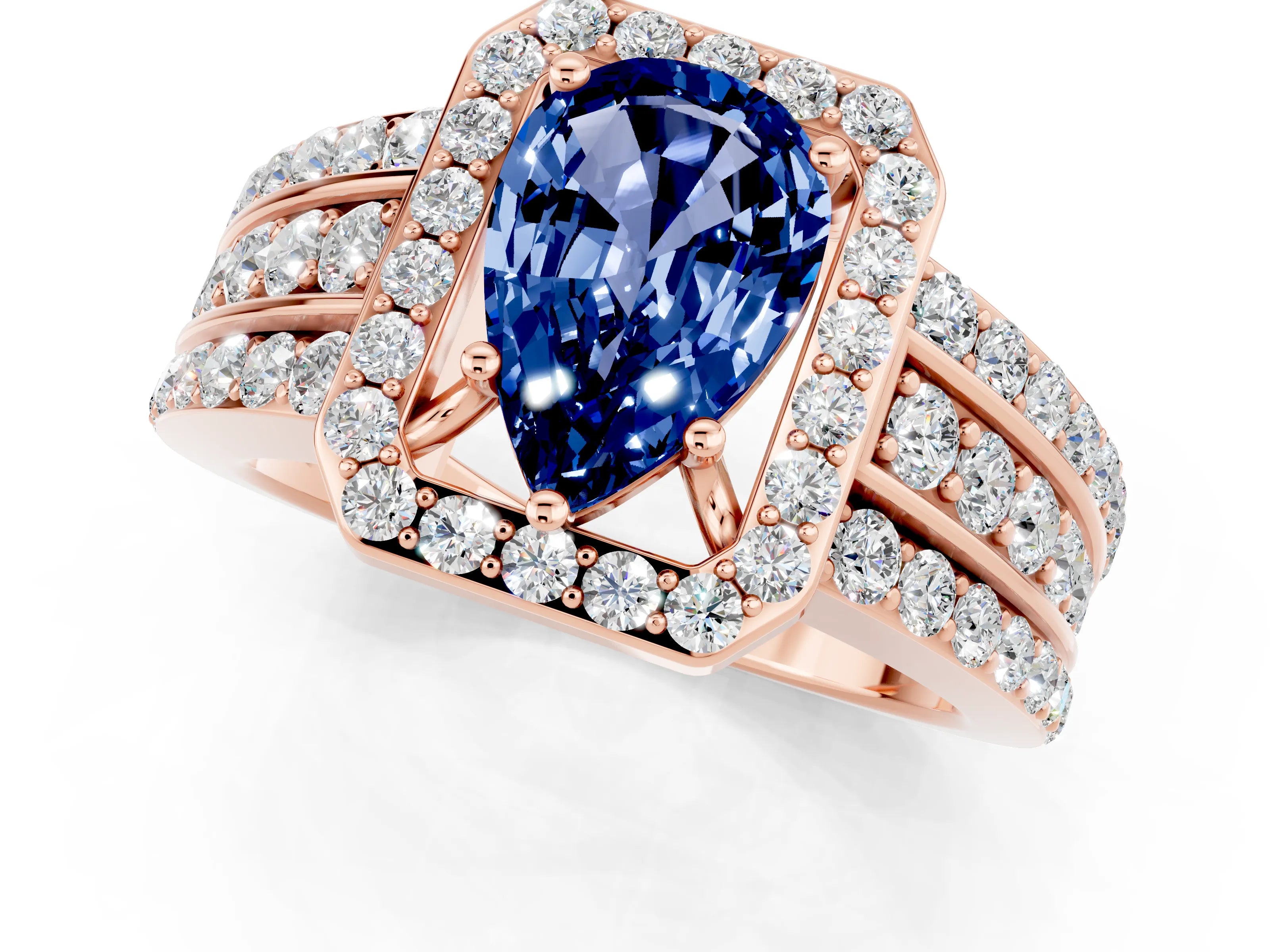 Rose gold Pear Cut Halo Blue Sapphire Ring with Split Shank and Four-Prong Setting_1