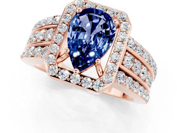 Rose gold Pear Cut Halo Blue Sapphire Ring with Round  Split Shank and Prong Setting