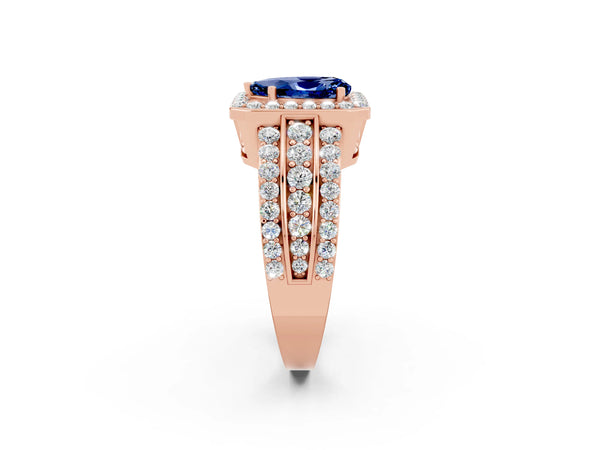 Rose gold Pear Cut Halo Blue Sapphire Ring with Round  Split Shank and Prong Setting