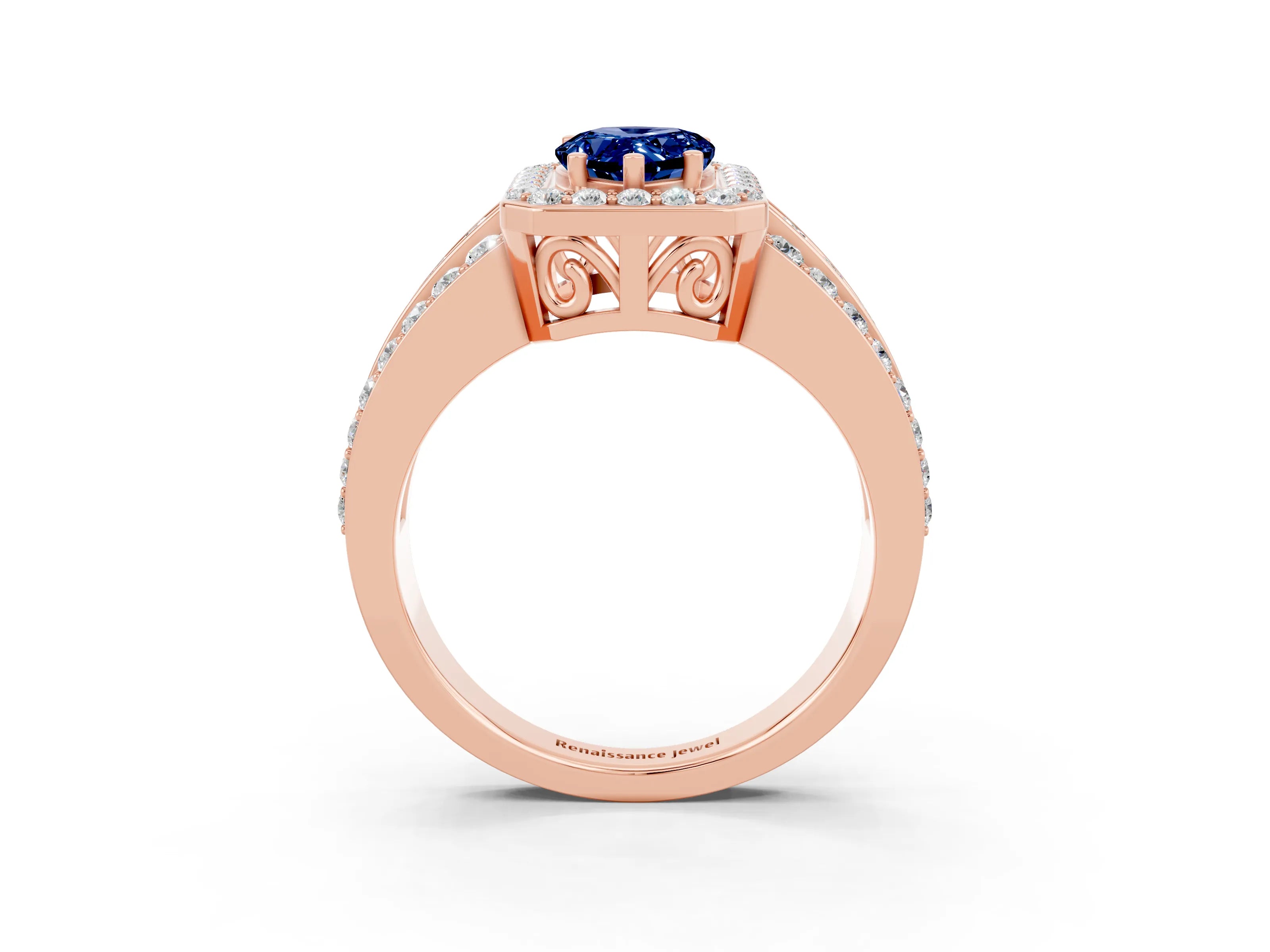 Rose gold Pear Cut Halo Blue Sapphire Ring with Split Shank and Four-Prong Setting_3