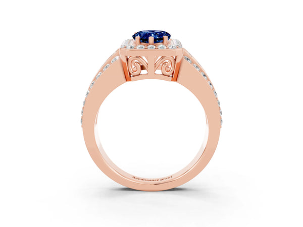 Rose gold Pear Cut Halo Blue Sapphire Ring with Round  Split Shank and Prong Setting