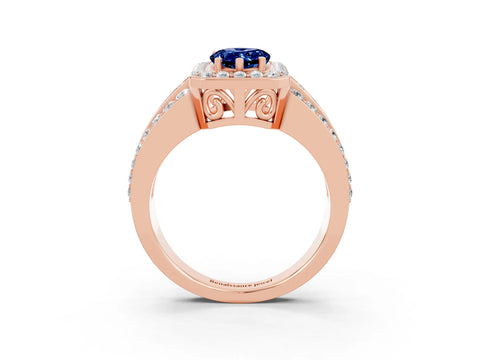 Rose gold Pear Cut Halo Blue Sapphire Ring with Split Shank and Four-Prong Setting_3