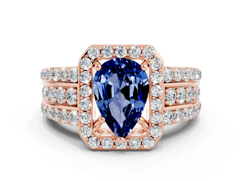 Rose gold Pear Cut Halo Blue Sapphire Ring with Split Shank and Four-Prong Setting