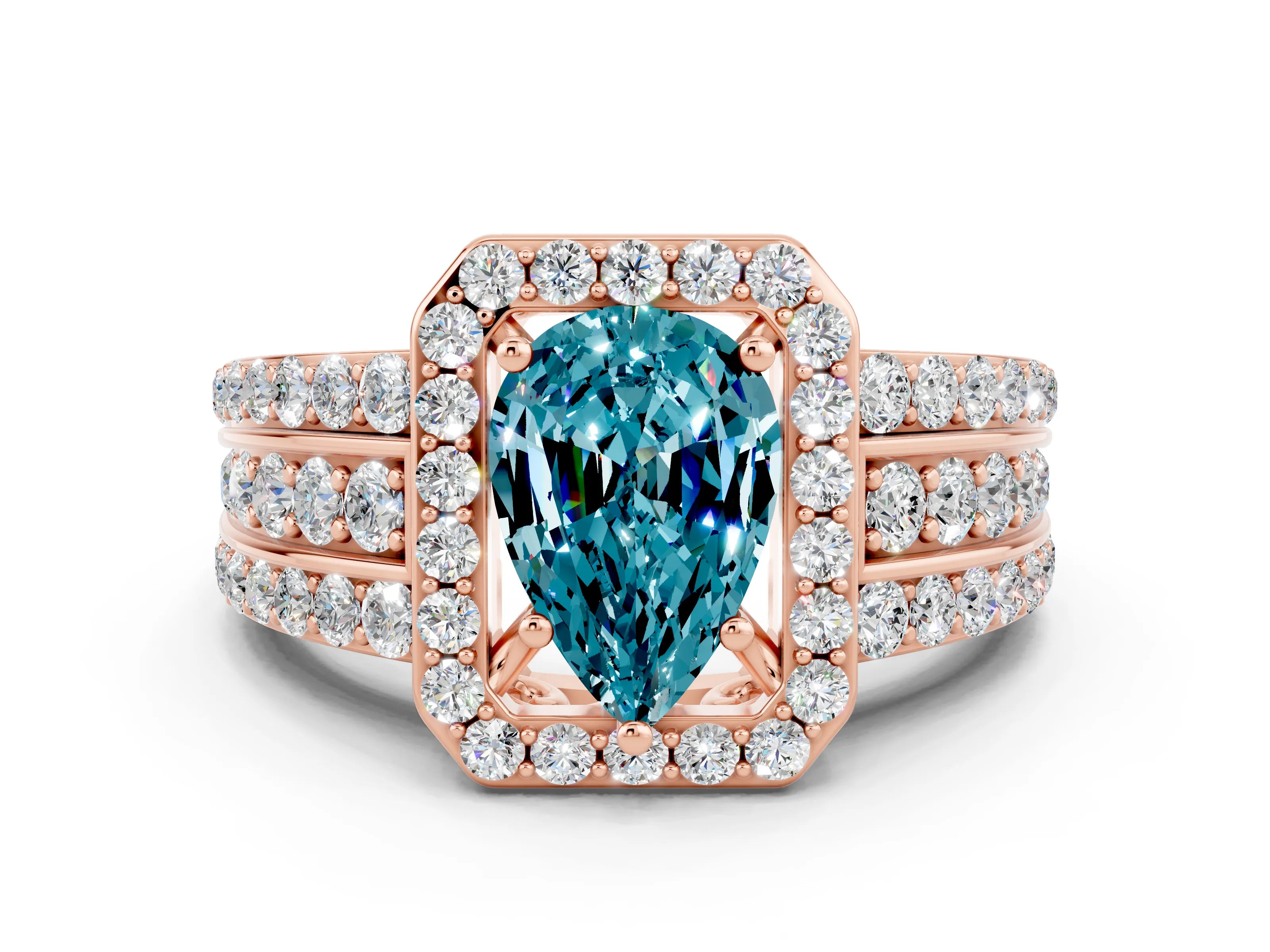 Rose gold Pear Cut Halo Blue Topaz Ring with Split Shank and Four-Prong Setting