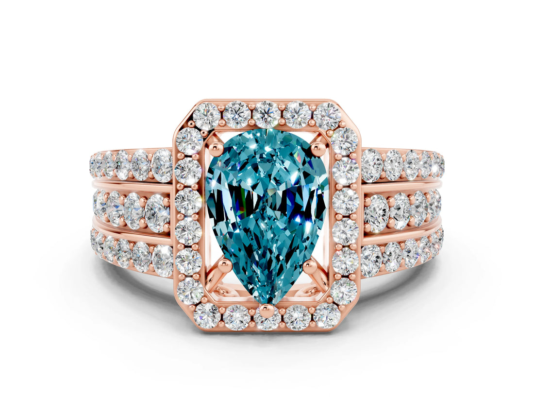 Rose gold Pear Cut Halo Blue Topaz Ring with Split Shank and Four-Prong Setting
