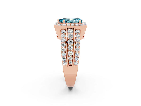 Rose gold Pear Cut Halo Blue Topaz Ring with Round  Split Shank and Prong Setting