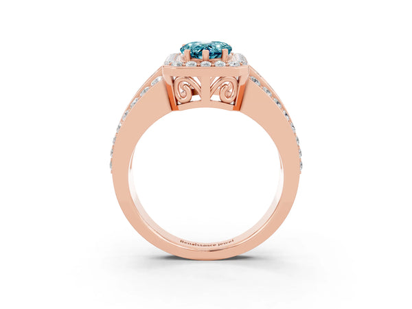 Rose gold Pear Cut Halo Blue Topaz Ring with Round  Split Shank and Prong Setting
