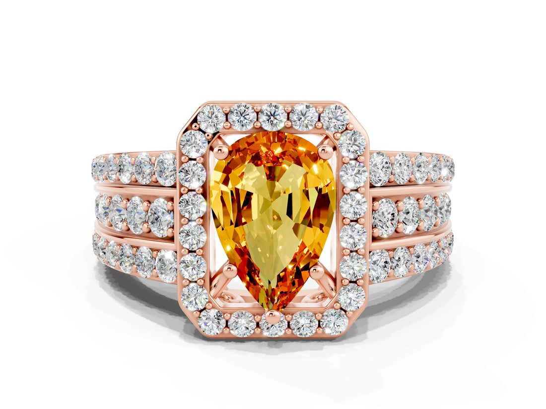 Rose gold Pear Cut Halo Citrine Ring with Split Shank and Four-Prong Setting