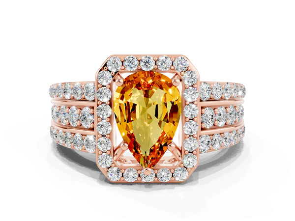 Rose gold Pear Cut Halo Citrine Ring with Round  Split Shank and Prong Setting