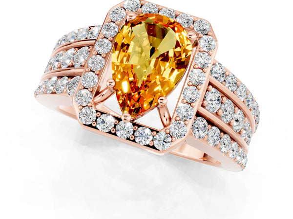Rose gold Pear Cut Halo Citrine Ring with Round  Split Shank and Prong Setting