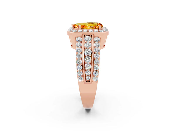 Rose gold Pear Cut Halo Citrine Ring with Round  Split Shank and Prong Setting