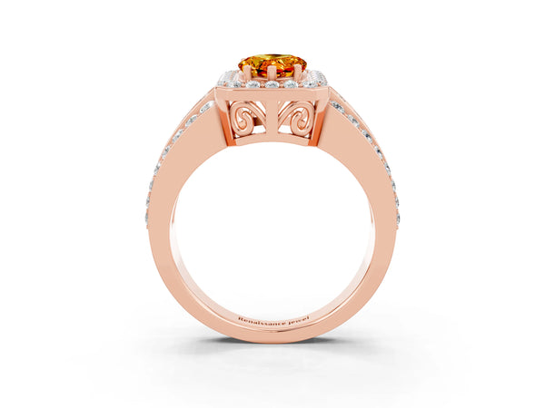 Rose gold Pear Cut Halo Citrine Ring with Round  Split Shank and Prong Setting