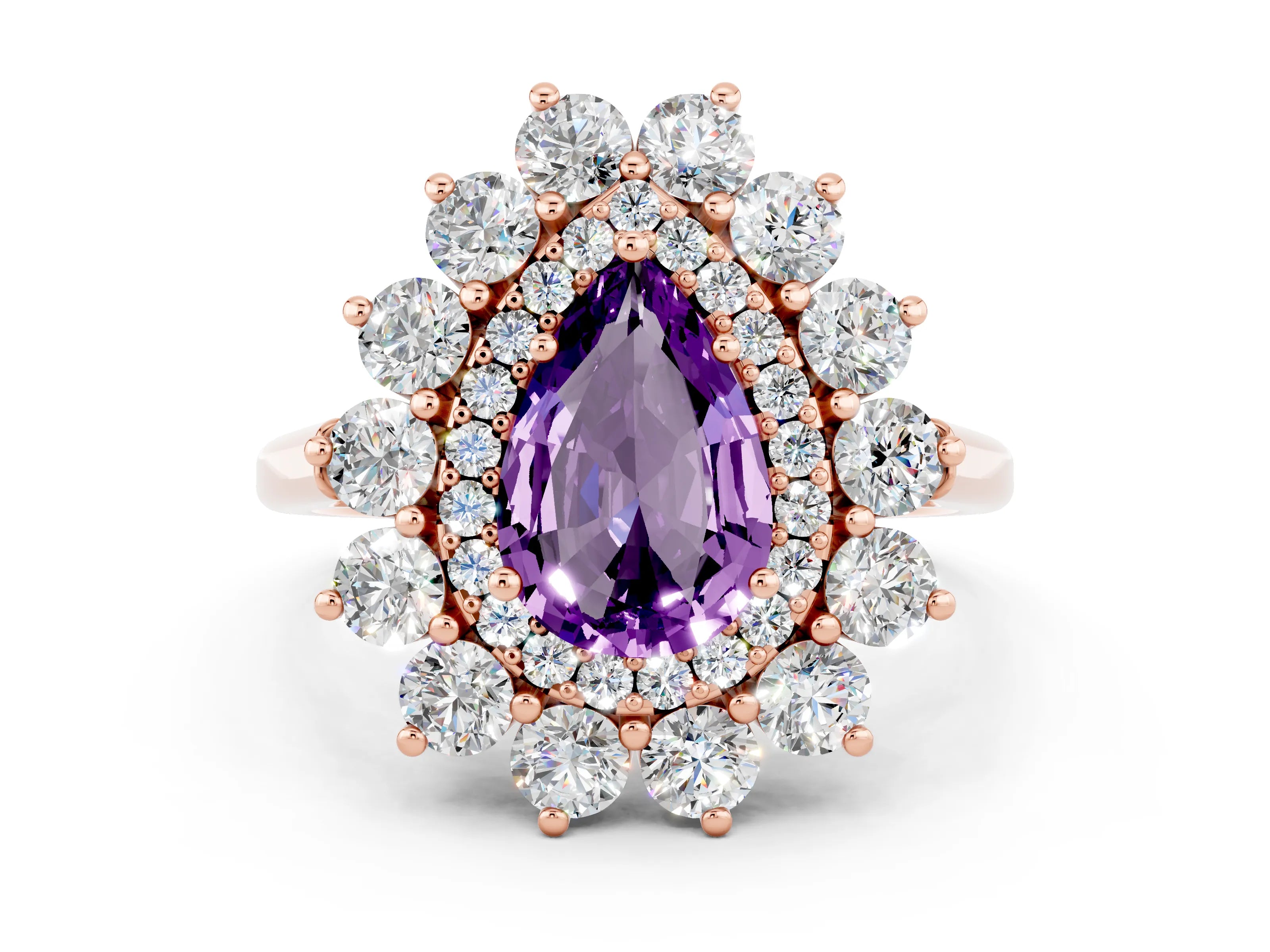 Rose gold Pear Cut Halo Cluster Diamond Ring with Pave Band and Four-Prong Setting