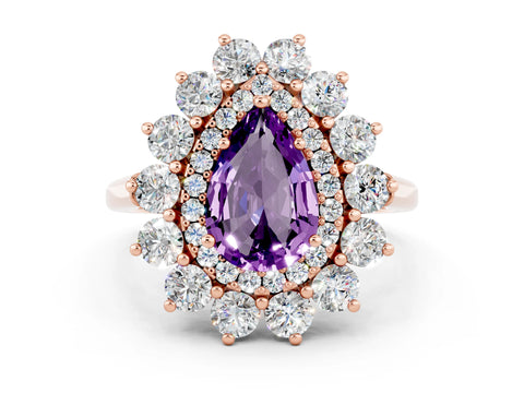 Rose gold Pear Cut Halo Cluster Diamond Ring with Pave Band and Four-Prong Setting