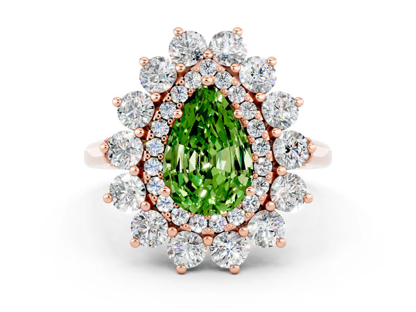 Rose gold Pear Cut Peridot Floral Double Halo Engagement Ring with Prong Setting